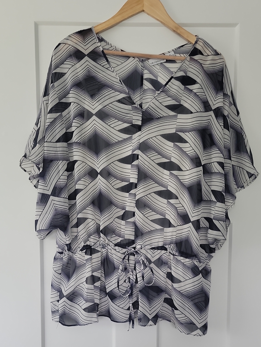Liz Claiborne Sheer Navy and White Striped V-Neck Blouse
